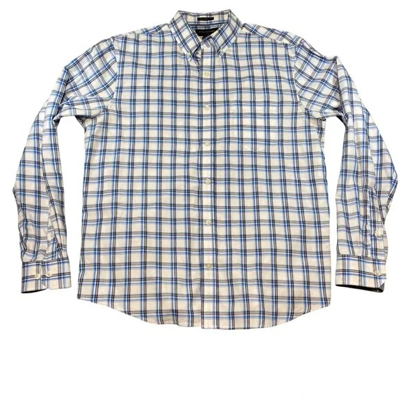 Banana Republic Mens Large Untucked Fit Oxford Shirt Blue Plaid Cotton