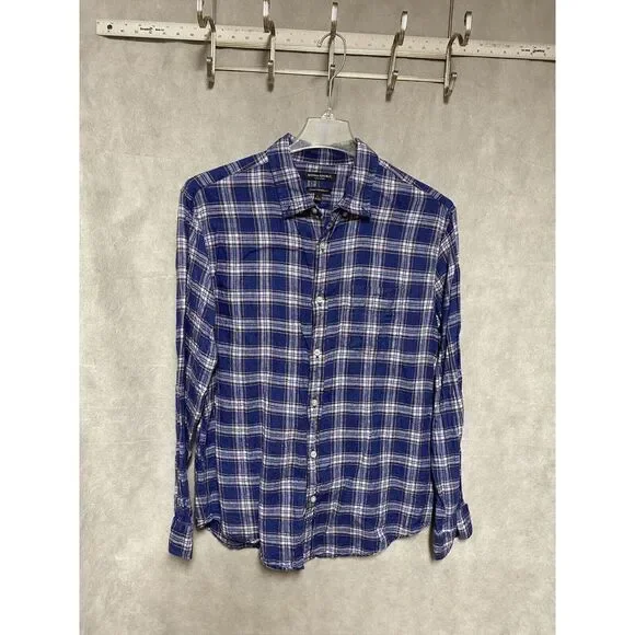 Banana Republic Shirt Men L Blue‎ Plaid Linen Button Up Camden Standard Casual