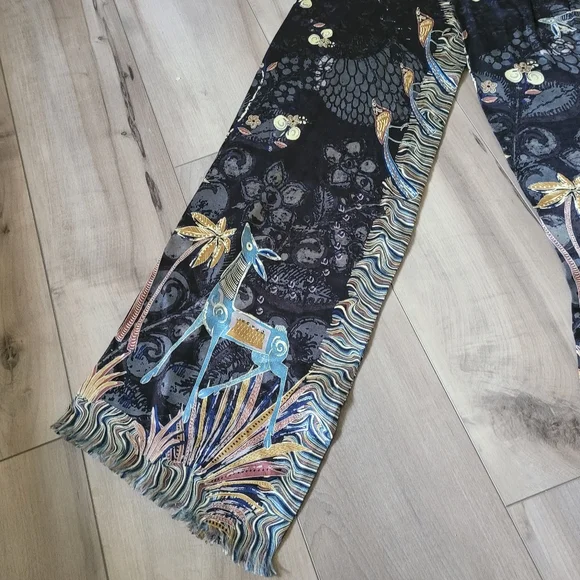 Artistic Black and Blue Scarf with Wildlife Animals