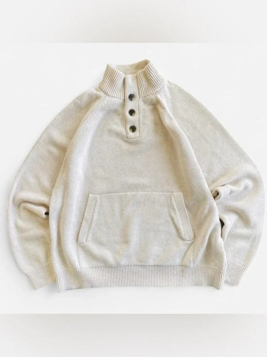 Banana Republic Cream Tone Cotton Knit Classic Mock Neck Sweater with Buttons XL