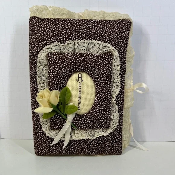 Vintage Dynamic Address Book Brown Calico‎ Floral Lace Cottagecore Ribbon Tie
