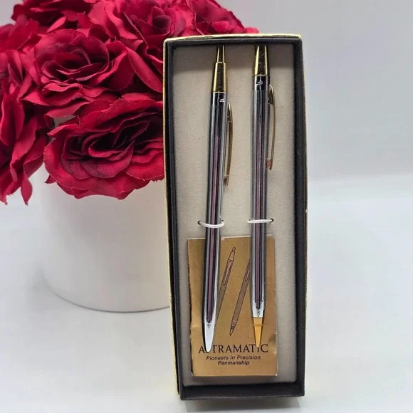 ASTRAMATIC Ballpoint Pens Set Chrome Gold Finish Vintage Penmanship Collection