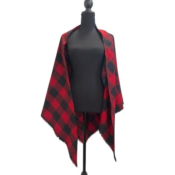 Halston III wool blend red black buffalo plaid shawl wrap vintage