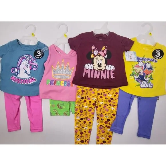 4 12 Months Girls 2-3 Pc Outfits Disney Minnie‎ Mouse Princess Mermaid Unicorns