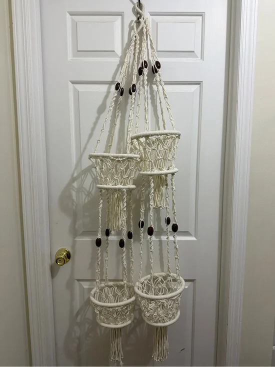 2 Vtg Macramé Hanging Planters 2 tier Pot Holders Cream Rope/Wood Beads, Tassels