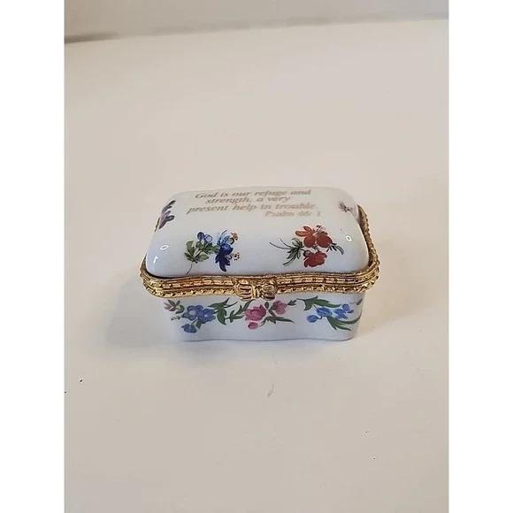 Imperial Porcelain  Trinket Box White, Goldtone & Floral Psalm 46:1 Bible Verse