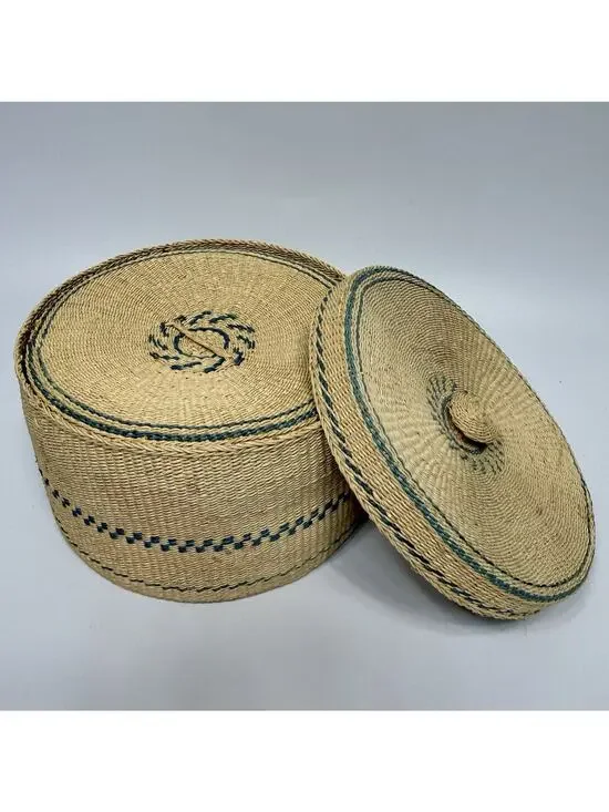 Set 2 Beige Teal Green Tightly Woven Nesting Baskets Lids Boxes Round 5.75
