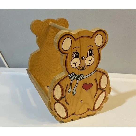 Vintage Wooden Slat‎ Basket Teddy Bear Design Country Cottage Core Kids Decor