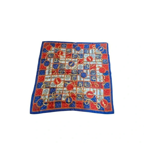 Ellen Tracy 100% Silk Scarf Red Blue Gold Chain Medallion 34