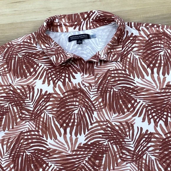 Banana Republic Polo Men L Palm Print Cotton Pique Stretch Brown Tropical Resort