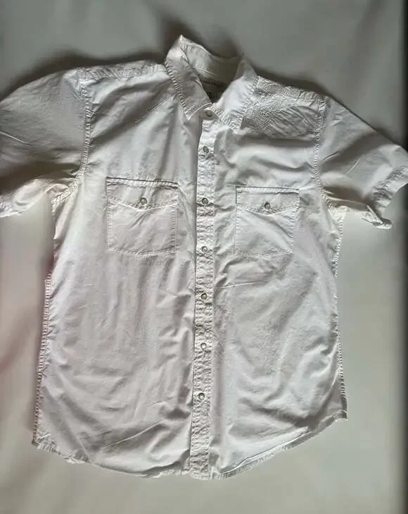 Banana Republic Men L White Cotton Western Short Sleeve Snap Button Shirt