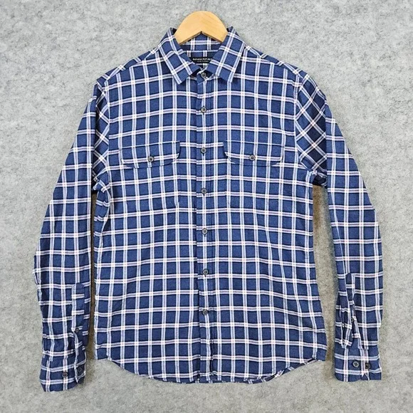 Banana Republic Mens Blue Windowpane Shirt Size S Luxe Flannel Untucked Slim Fit