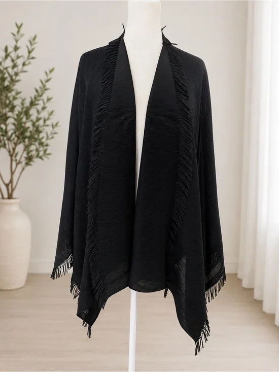 Black Fringed Open Front Shawl Wrap one size