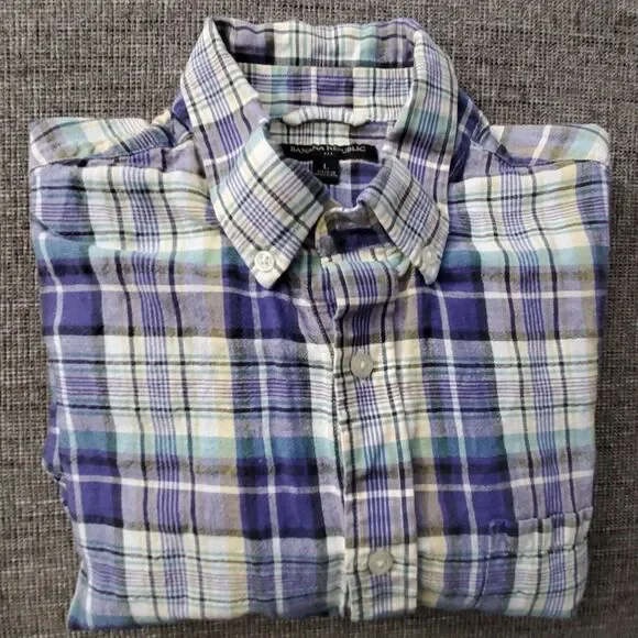 Banana Republic Men's Linen Cotton Blue Green Yellow Plaid‎ Casual Shirt Size L