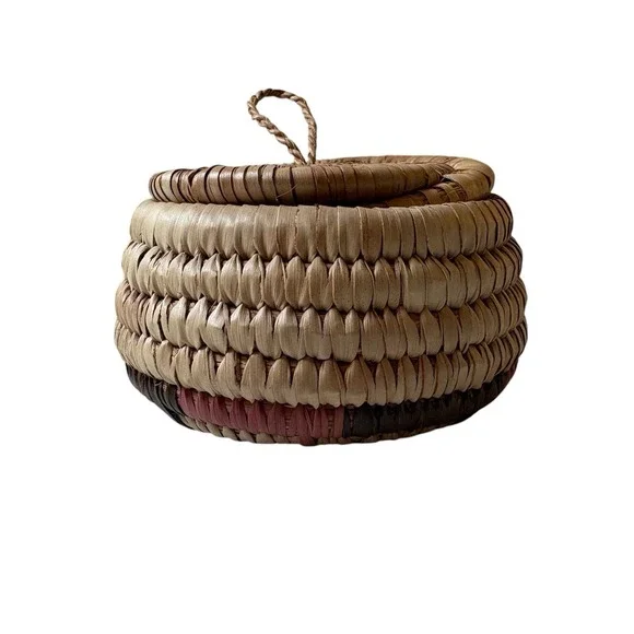 Vintage Hand Woven Coil Native American Basket with Lid