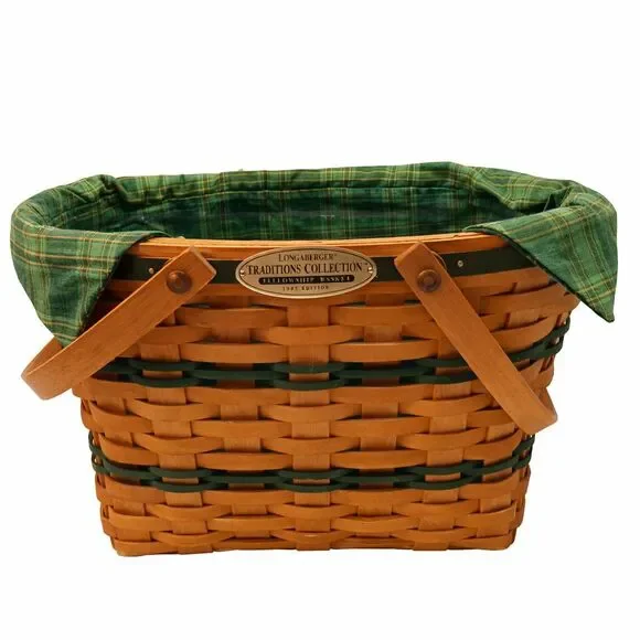 Longaberger Fellowship Basket 1997 Traditions Collection Green Liner Handles