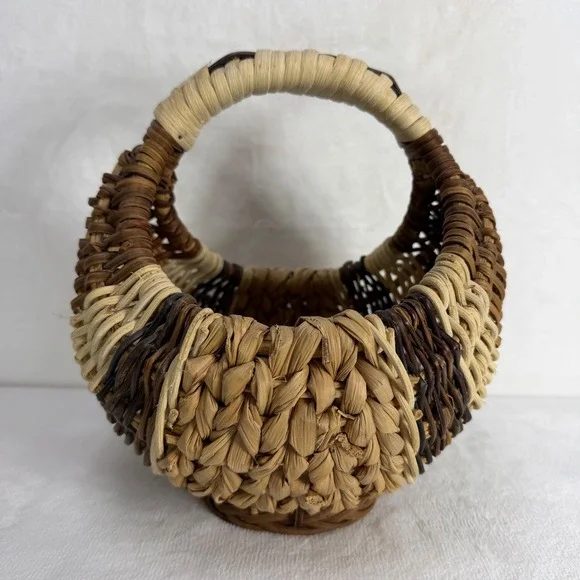 Handmade Tricolor Woven Wicker Basket with Handle Rustic Brown Tan Decor