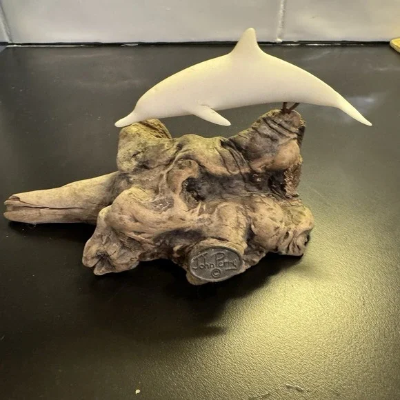 Vintage John Perry Dolphin on Burl‎ Wood Base Sculpture