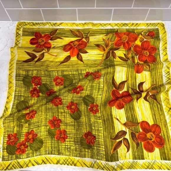 Vintage Floral Geometric Pattern Square Scarf Yellow MCM