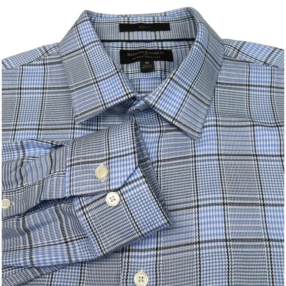 Banana Republic Wrinkle Resistant Shirt Men Medium Slim Fit Blue/Black Plaid L/S
