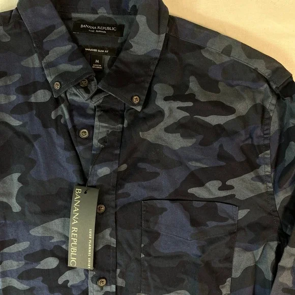 Banana Republic Flannel Shirt Mens M Blue Camo NEW Untucked Slim Fit Luxe Button