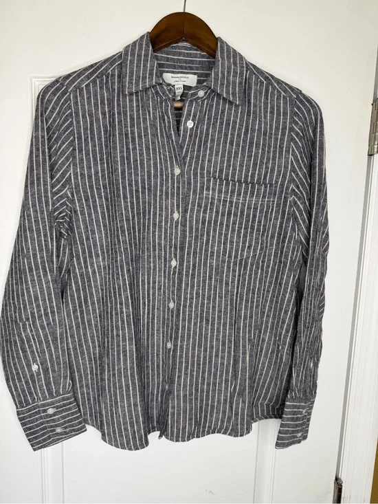 Banana Republic Linen Blend Vertical Stripe Button-Down Long Shirt Size XXS