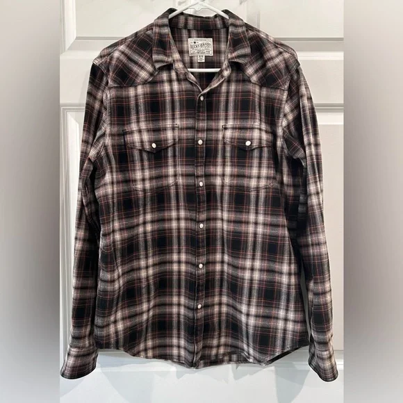 Banana Republic Western Button Down Pearl Snap Gray Plaid Shirt Men's Sz M Rodeo