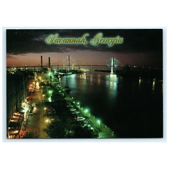 Plastichrome Postcard Savannah Georgia Nighttime River Street‎ Bridge 6x4 Multi