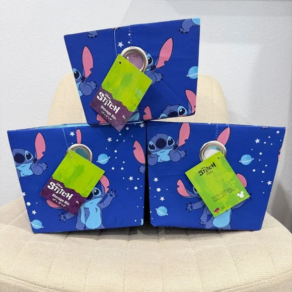NEW Disney Stitch Storage Bin Set of 3 Blue Galaxy‎ Space Fabric Organizers