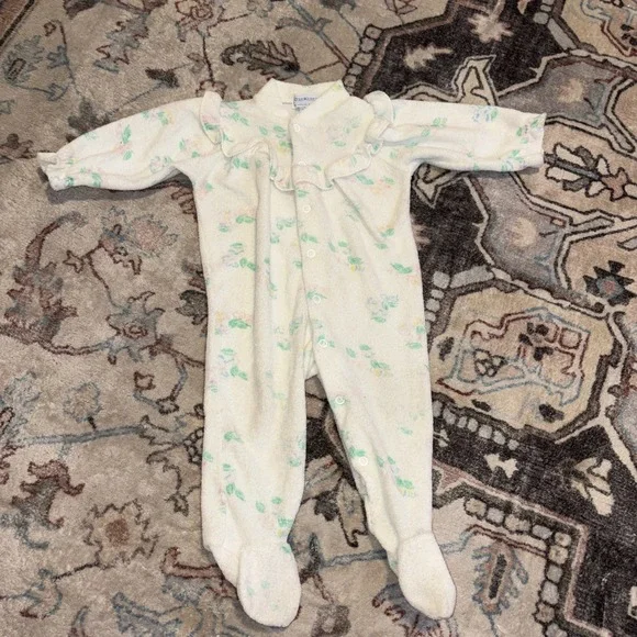 Vintage OshKosh Terry Cloth‎ Footed Sleeper Pajamas Sz 2T Floral White Ruffle