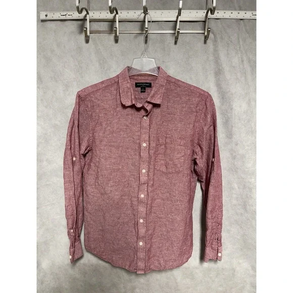 Banana Republic Shirt Men L Red Linen Blend Button Up Slim Hybrid Roll Up Sleeve