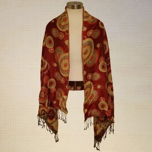 Boho Reversible Geometric Pashmina Scarf Fringed Edges One Size Red Mustard