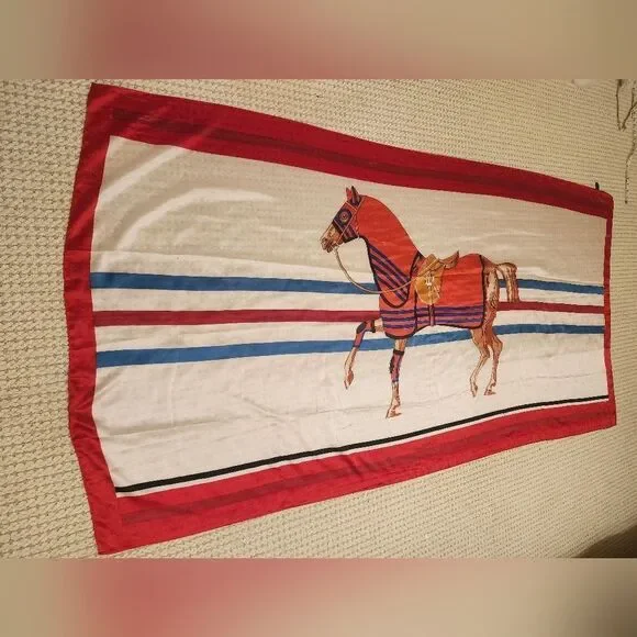 Oversized 100% Silk Equestrian Horse Print Scarf Bold Red Border Ret. 125€/$150