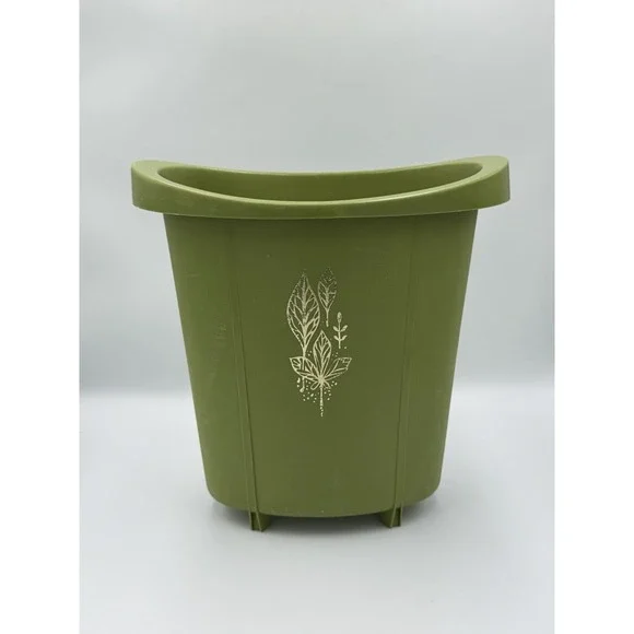 Vintage 1960s-1970s Avocado Green Footed Plastic Waste Basket Leaf Design