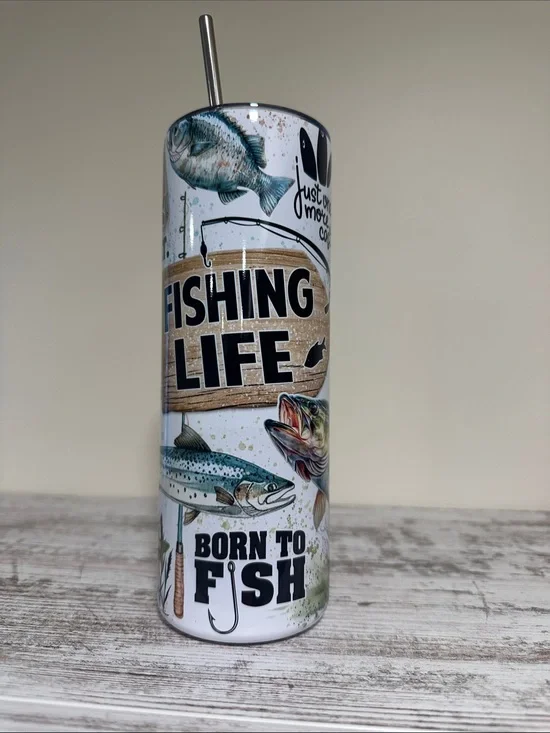Fishing Life Stainless Steel Tumbler - White with Multi-Color Fish Design