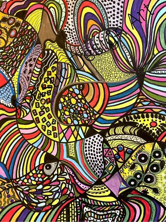 Colorful Abstract Fish Original Art. Acrylic on paper. 9”x11.5”. Without frame