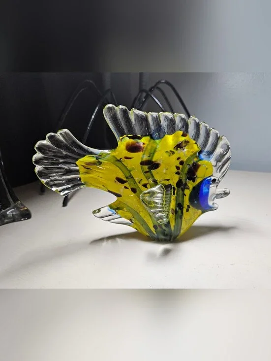 Vintage Hand Blown Art Glass Fish Figurine Murano Style Yellow Blue Speckled