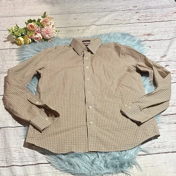 Banana Republic Non-Iron Untucked Fit Yellow Brown Check Button Down Shirt sz M