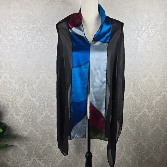 Silks by Tonya One Size 100% Silk Black Sheer Ponch Hand Painted Colorblocked
