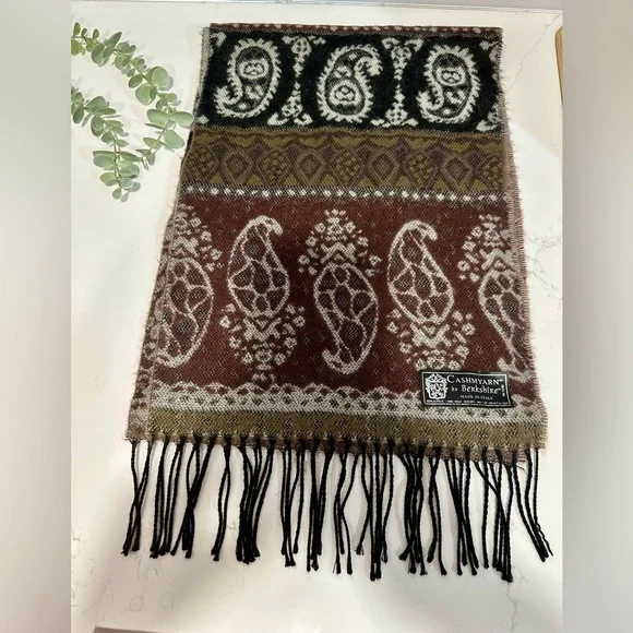 Italian Scarf Fringe Paisley Black Brown Tan Cashmyarn Berkshire Long 72