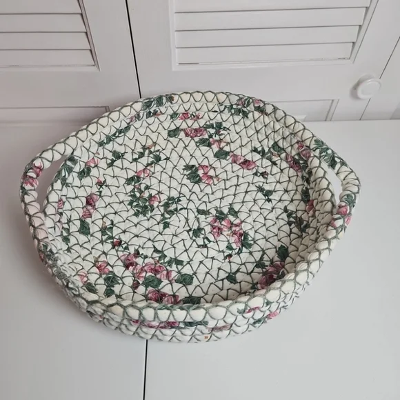 Vintage Braided Rag Rug Basket with Handles - Floral White Pink Green Tan