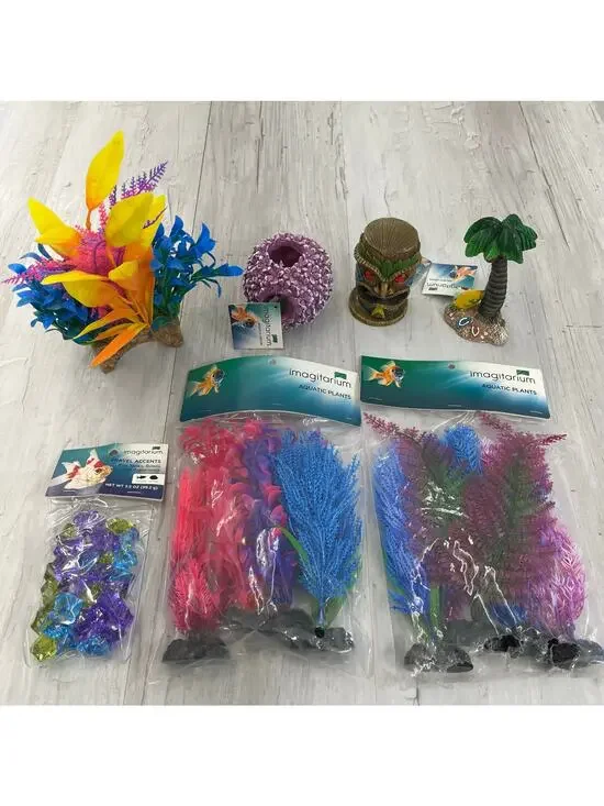 13-Piece Fish Tank Decor Bundle Tiki Palm Tree Vibrant Plants Tropical Bright