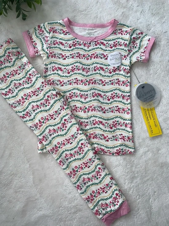 NWT Milkberry Pink & Green Floral Pajama Set 4T Bamboo Loungewear