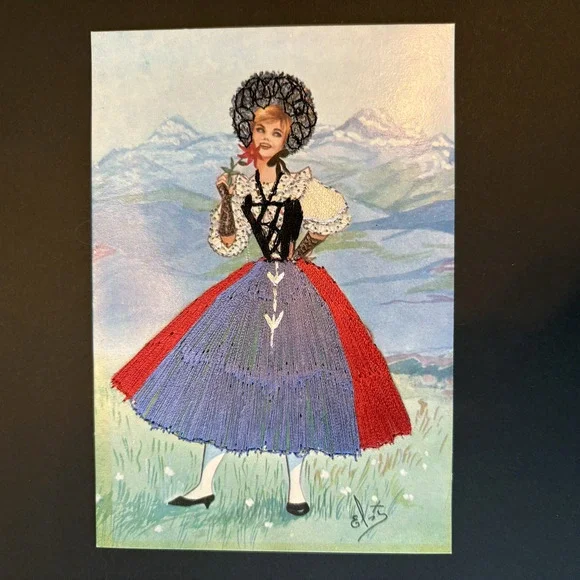Vintage Embroidered Card‎ of Woman Wearing Swiss National Costume Blue Red