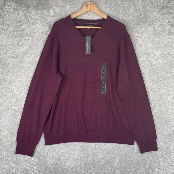 Banana Republic Sweater Mens Large Burgundy 100% Merino Wool V-Neck Pullover