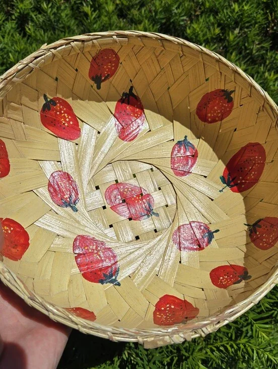 Hand painted Woven basket with strawberries/ Tomaroes Cottage Core Shabby Chic