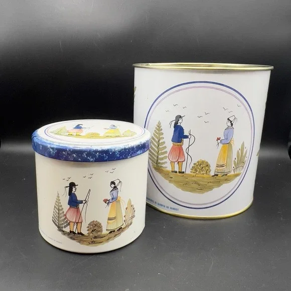 VTG Henriot HB Quimper Tin Can Container Set of 2 Man and Woman France