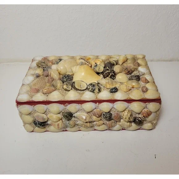 Vintage‎ Sea Shell  Trinket Jewelry Red  Felt Lining