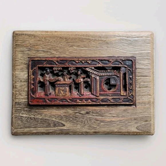 VTG‎ Hand Carved Wood Trinket Box Asian Chinoiserie Relief Scene Jewelry Chest