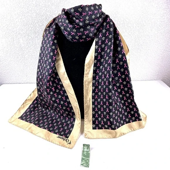 New Nola Couture Scarf Women OS Black Gold Pink 100%Silk Fleur De Lis Ribbon